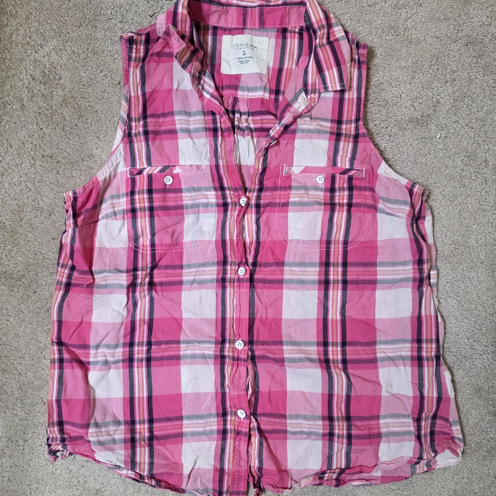 Sonoma Pink and White Plaid Sleeveless Top